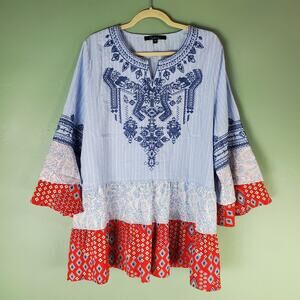 Calessa Womens Bohemian Multi-Print Tunic Top Boho Paisley Bell Sleeve Size 1X